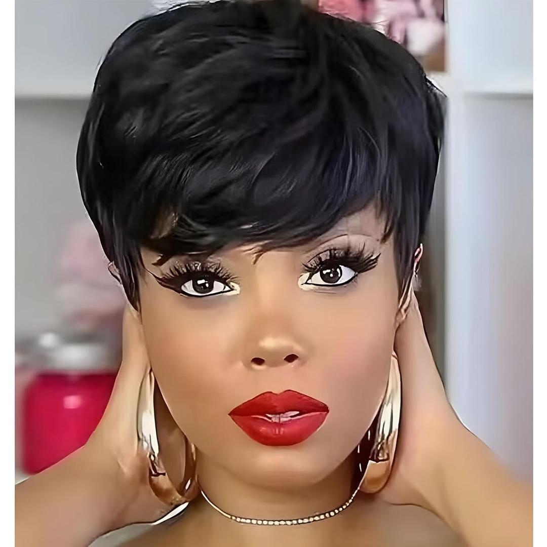 MOONSHOW Short Wigs for Black Women Black Pixie Cut Wig Short Layered Pixie Wigs for Black Women Natural Straight Wig with Bangs Synthetic Straight 1B Wig
