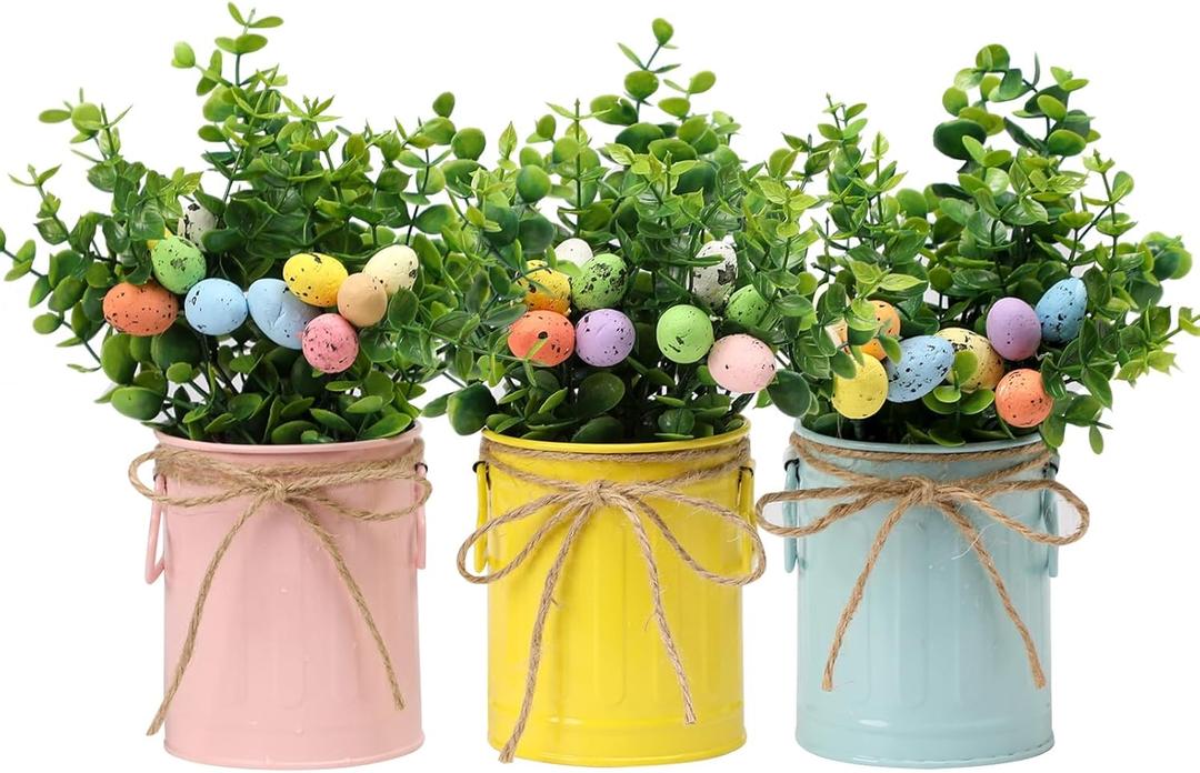 Easter Spring Farmhouse Table Centerpiece, 3 Pack Artificial Eucalyptus Potted Plants with Colorful Eggs, Spring Greenery Decor for Kitchen, Living Room & Home