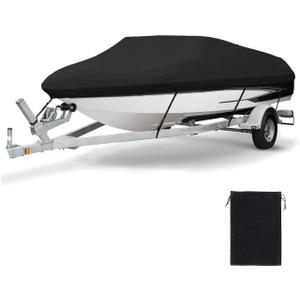 Heavy Duty Waterproof Boat Cover, PU Marine Grade Polyester Boats Covering, UV Resistant Bass Boat Cover, Fits V-Hull Tri-Hull Fish&SkiBoat, Runabout (17'-19', Beam Width up to 96")