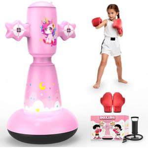 58 Inch Punching Bag for Kids Ages 3-8, Inflatable Boxing Bag with Stand, Boxing Gloves, Stickers & Pump, Stable Freestanding Punching Bags for Girls, Christmas Birthday Gifts Toy