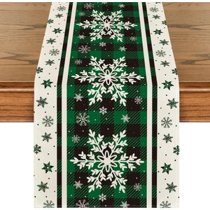 Artoid Mode Green Buffalo Plaid Snowflakes Christmas Table Runner, Seasonal Winter Kitchen Dining Table Decoration for Home Party Decor 13x108 Inch
