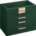 SONGMICS GISELLA Collection - Jewelry Box Organizer, 4-Layer Jewelry Storage with 3 Drawers, Shiny Metal Hardware, Glass Lid, Modern, 6 x 9.9 x 8.5 Inches, Forest Green and Gold Color UJBC161G01
