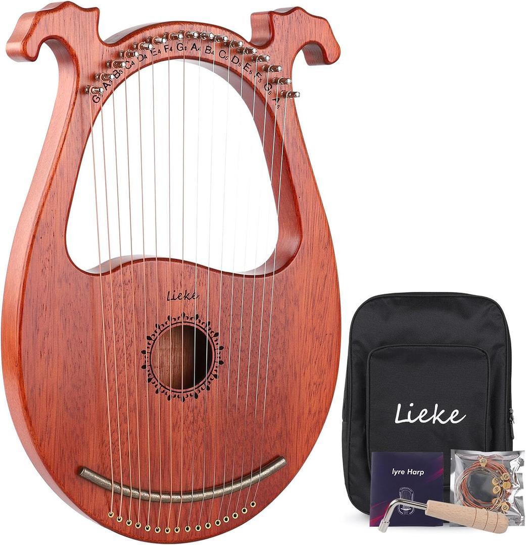 LIEKE Lyre Harp 16 Metal Strings,Mahogany Body and Copper Saddle,Mini Harp instrument Gift with Bag Tuning Wrench for Beginner Musician