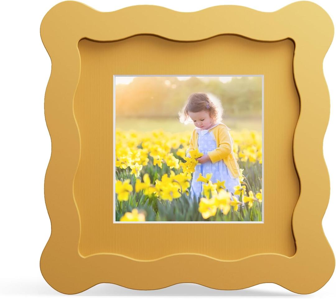 4x4 Picture Frame with Mat for 3x3, Wavy Edge Wooden Real Glass Photo Frame for Tabletop and Wall Hanging, Yellow, 1 Pack