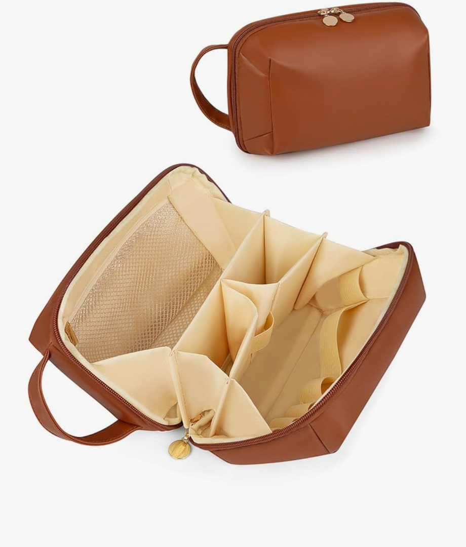 Travel Makeup Bag Gift for Women, Soft PU Leather Cosmetic Bags, Waterproof Toiletry Bag, Portable Wide Open Pouch, Travel Cosmetic Bag with Divider and Handle, Medium, Brown