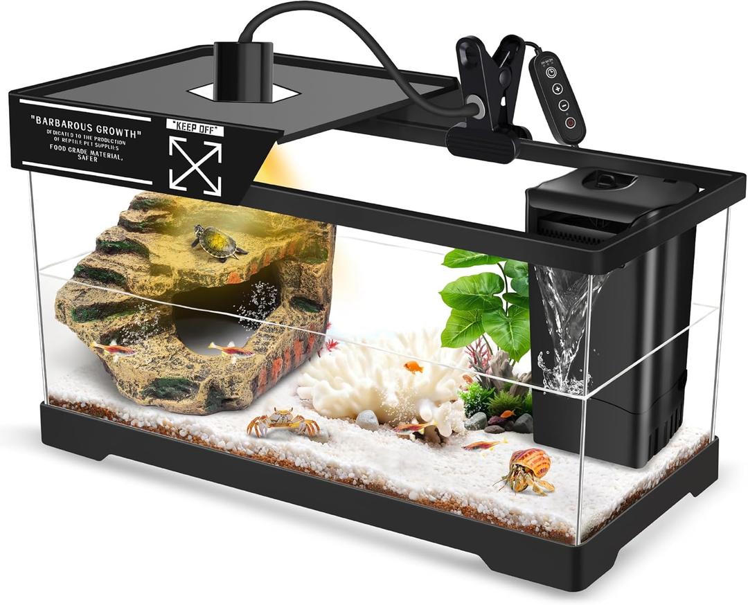 GOZILLA Turtle Tank Kit(Tank+Lamp+Filter), Upgrade PC Turtle Tank Starter Kit with Adjustable Lamp & Filter, Reptile Hideout Habitat with Lid for Small Reptiles.(19.68 9.52 9.44''/Large-Black-Kit)