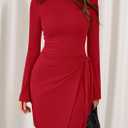 PRETTYGARDEN Women 2025 Mini Bodycon Dresses Long Sleeve Ruched Fitted Short Night Out Trendy Party Club Outfits Fall Clothes (Red, L)