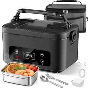 Cordless Electric Heated Lunch Box - Rechargeable 24000mAh Self Heating Battery Powered Portable Food Warmer Container with Removable Divider Leakproof for Men Women Adults Truck Office Outdoor Travel (Black)