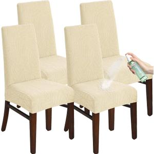 Chair Covers for Dining Room Set of 4, Stretch Jacquard Dining Chair Slipcover Covers, Removable Washable Waterproof Chair Covers (Cream,4 Pieces)