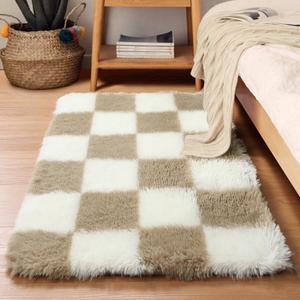 KICMOR Small Beige and Cream White Area Rugs for Bedroom, 2x3 Fluffy Fuzzy Plush Shaggy Checkered Rug, Soft Furry Bedside Rug Small Throw Carpet for Living Room Kids Girls Boys Nursery Home Decor
