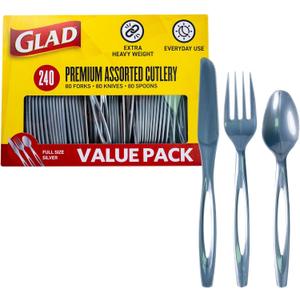 Glad Plastic Heavy Duty Silver Cutlery - Mixed Forks, Knives, and Spoons - Set of Sturdy, Durable Disposable Party Utensils, 240 Count