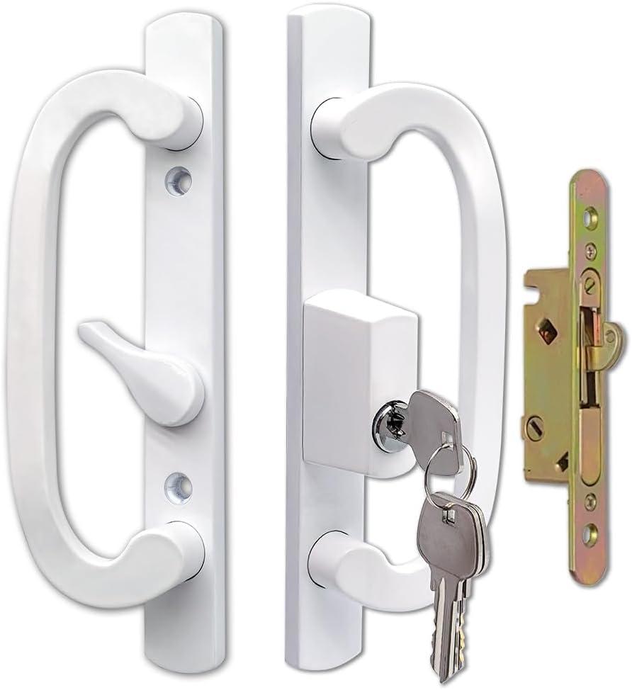 Sliding Glass Door Handle Set Replacement with Keyed Lock, 3-15/16" Screw Hole Spacing, Reversible Non-Handed Patio Door Handles, Aluminum Pull, Fits 1-3/8" to 2" Thick Doors (White, No Keeper)