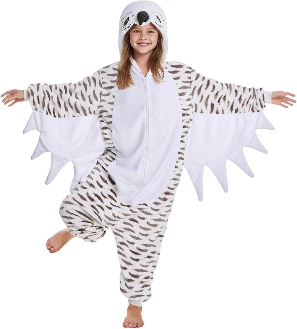 Kgromfy Unisex Owl Costume for Kids Halloween Outfit Teens Novelty Animal Cosplay Jumpsuit Comfy Flannel Homewear (White)