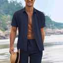 COOFANDY Men's Summer Beach Outfits 2 Piece Short Sleeve Shirts and Shorts Vacation Texture Linen Sets for Men (Blue)