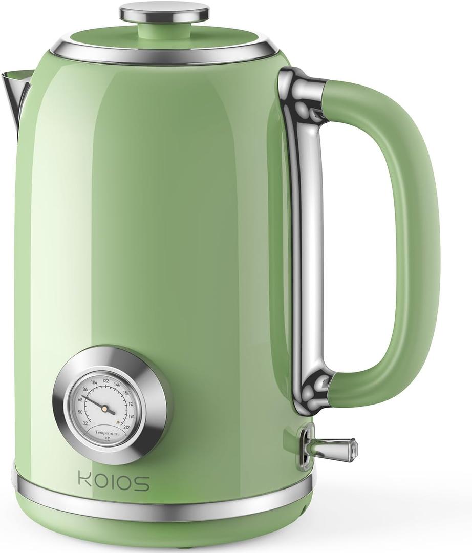 Electric Kettle 1.8L with Temperature Gauge, 1500W Fast Boiling Electric Tea Kettle, 100% Stainless Steel Retro-Style Hot Water Kettle Electric - Glowing LED Light, Auto Shut-Off & Boil-Dry Protection (Green)