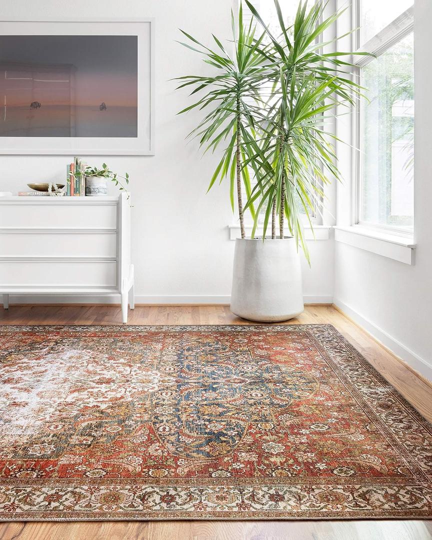Loloi Layla Collection LAY-05 Ocean/Multi 2'-3" x 3'-9" .13" Thick Accent Rug, Soft, Durable, Vintage Inspired, Distressed, Low Pile, Non-Shedding, Easy Clean, Printed, Living Room Rug