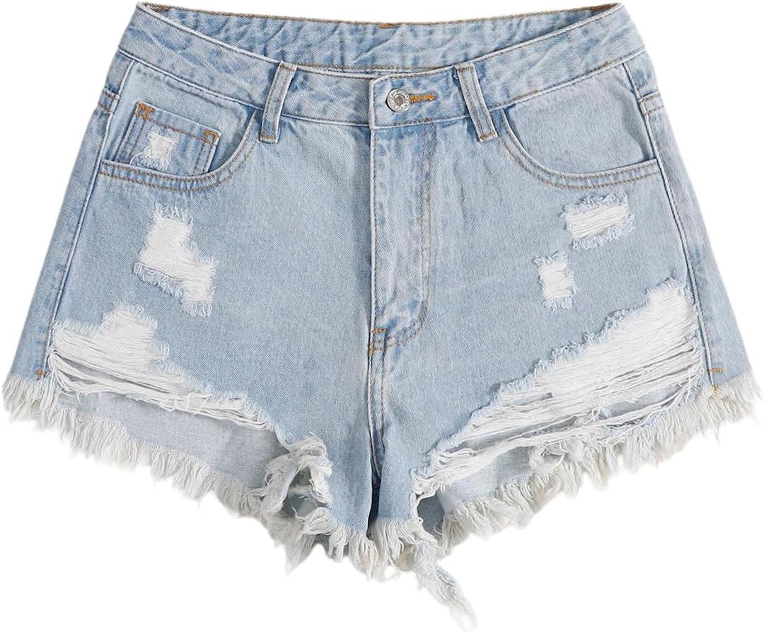 SOLY HUX Women's Ripped Raw Hem Jean Shorts High Waisted Straight Leg Denim Shorts Streetwear (Blue)