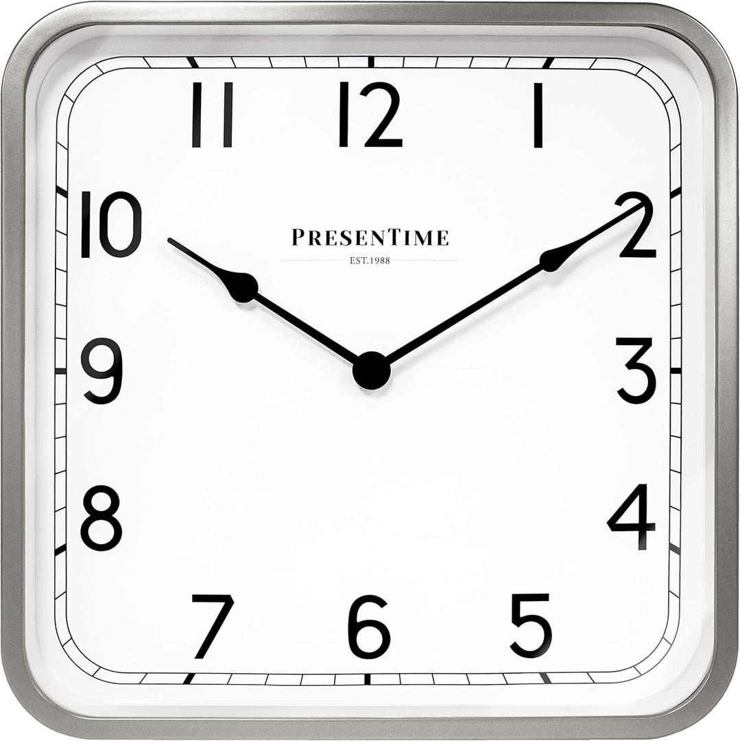 Presentime & Co 16" Anton Vintage Square Clock, Silent No Ticking, Wall & Mantel 2 in 1 Clock, Desk and Shelf Clock, Tabletop Dcor, Modern Silver Color
