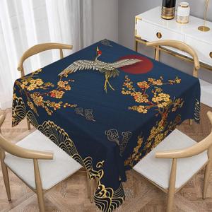 52x52inches Japanese Square Tablecloth Cherry Blossom Bird Mountain Asian Chinese Style Table Cloth Dark Blue Waterproof Fabric Table Cover for Kitchen Dining Room Indoor Outdoor Home Decor