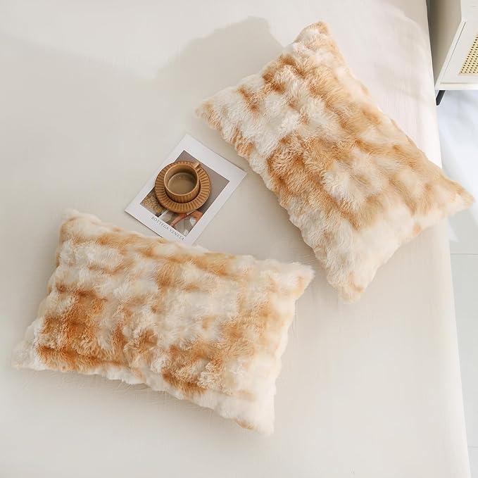 Chumerry Beige Fuzzy Pillow Case Faux Fur Pillow Cover Chic Plaid Check Texture Extra Soft Fluffy Plush Shaggy Fabric Tie Dye Decorative Pillowcases for Bed Couch Sofa, 20 x 30 Inches, Brown-01