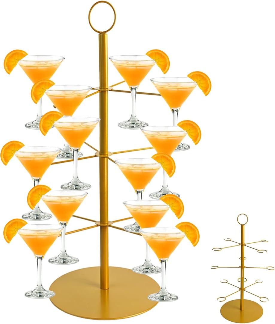 Champagne Tower for Parties, 3-Tier 12-Glasses Cocktail Tree Stand Countertop Wine Glass Holder for Drinks, Champagne Stand Drink Tower Wine Glasses Display for Champagne , Martini, Margarita Cups (Gold)