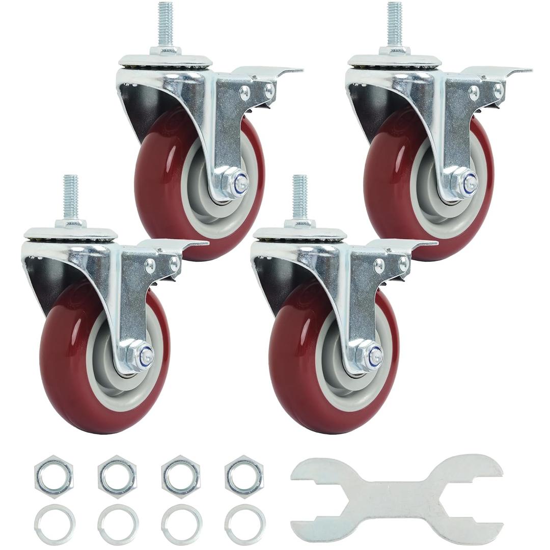 Finnhomy Swivel Caster Wheels 4 Inch Threaded Stem Casters Set of 4 Heavy Duty 3/8"-16 x 1 with Brake Polyurethane Industrial Locking Castors Wheels for Cart/Furniture 2200 Lbs Smooth Casters, Red