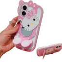 Anime Cat Case for iPhone 16,Phone Holder Stand with Makeup Mirror, Kawaii Phone Cases, Cool Unique Protective Cover for Women (Pink)