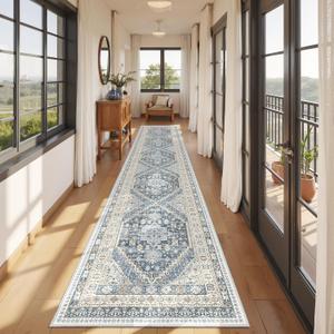 Hallway Runner Rug 2x12, Extra Long Washable Runner Rugs with Rubber Backing, Non Slip Runner, Vintage Rug Runners for Kitchen Laundry Room Entryway (Blue/Beige,2'x12')