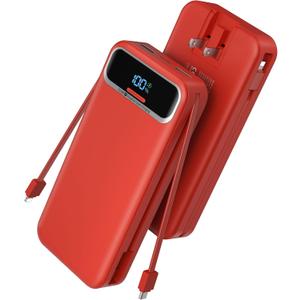 Portable Charger Power Bank with Built in Cables and AC Wall Plug,PD20W&SCP22.5W USB-C Super Fast Charging,20000mAh Travel Phone Charging,LED Display Battery Pack Compatible All iPhone Samsung etc (Red)
