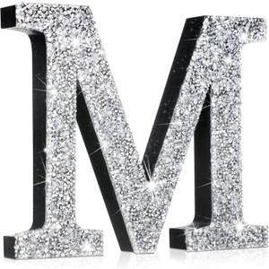 Qunclay Silver Crystal Diamond Bling Letters Crushed Diamond Decorations Glitter Letters with Screws and Hooks Rhinestone Gifts for Wedding Birthday Wall Bedroom Bathroom Decor(Letter M,12l" X 12"w)