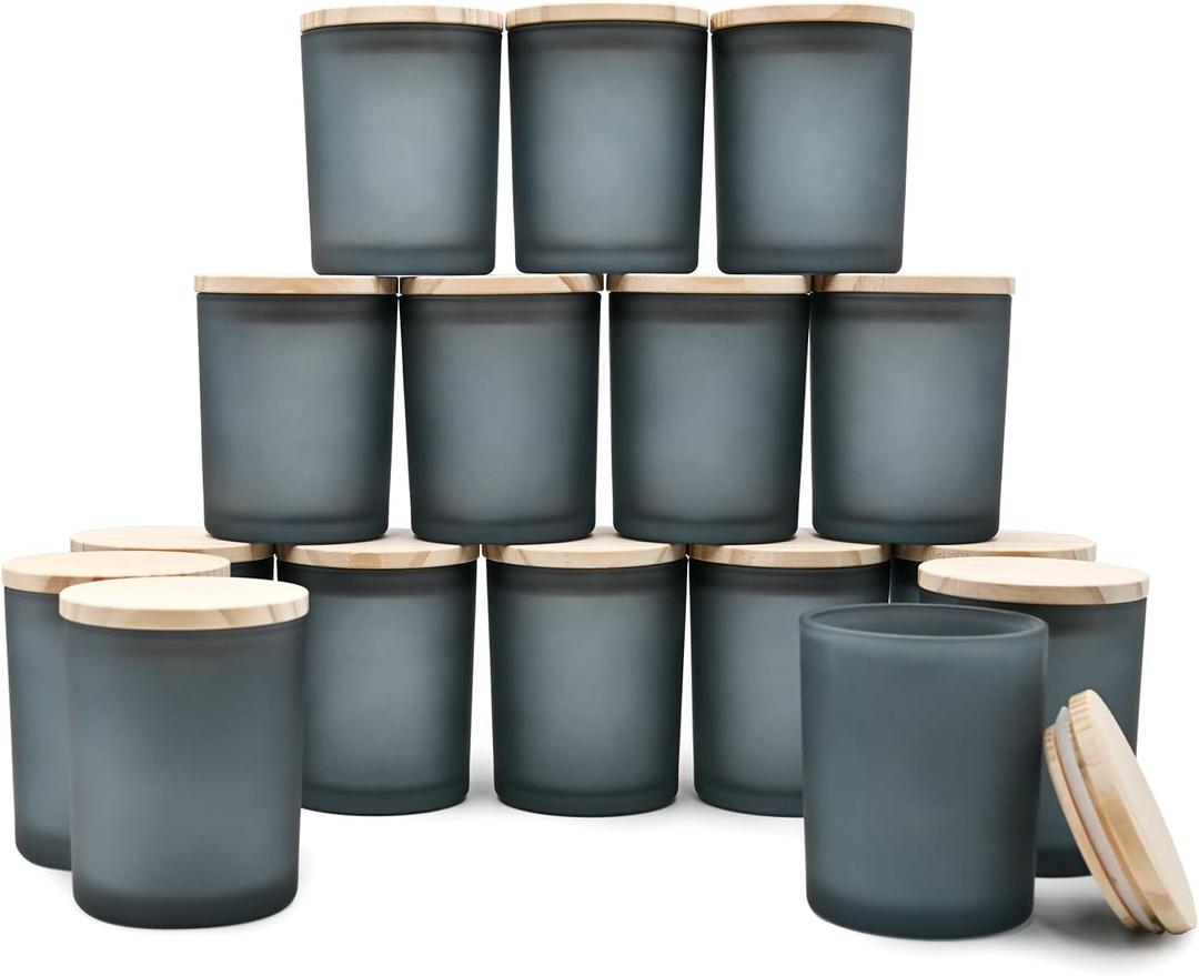 Thick Candle Jars for Making Candles 16 Pcs, 7 OZ Empty Jars with Wood Lids for Candle Making, Sample Container, Frosted Gray