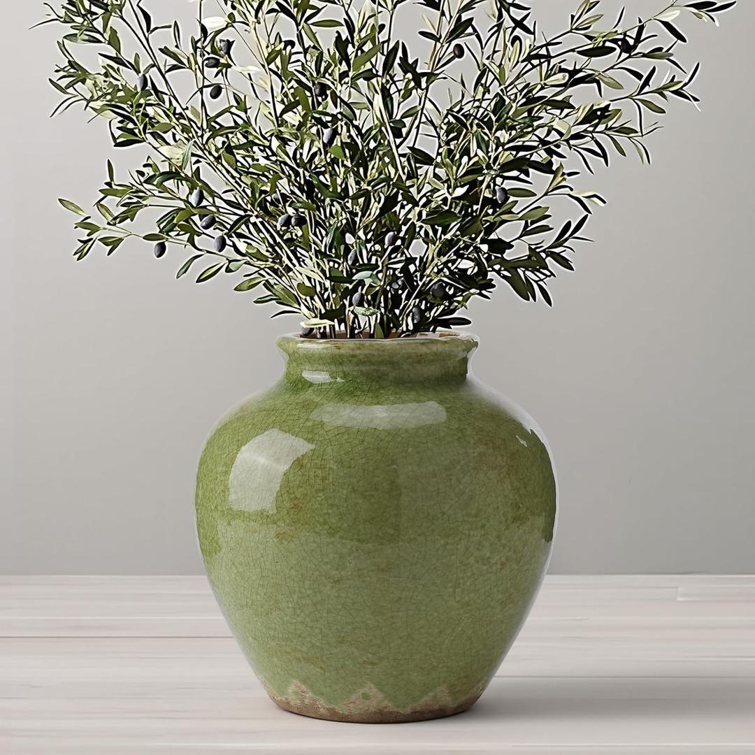 Ceramic Flower Vase Home Decor, 6.2 inch Farmhouse Rustic Vintage Decorative Vases, Pottery Terracotta Boho Flowers Vases for Dining Table, Living Room, Shelf, Kitchen, Bedroom (6.2"-Green)