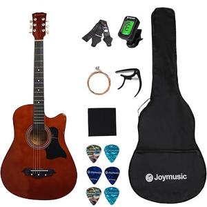 Joymusic 38 inch brown beginner acoustic guitar kit,bundle with a strap with picks holder,digital tuner, set strings, capo,cleaning cloth,6 picks,gig bag.(JG-38C,BR)