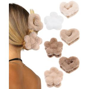 Fluffy Plush Claw Clip for Hair 5 Pcs Cute Hair Clips for Women Fuzzy Hair Barrettes Girls Hair Jaw Clips (Heart + Flower - Beige/Brown/Coffee)