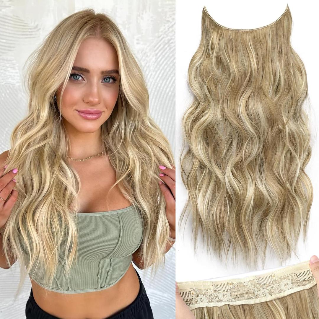 KooKaStyle Invisible Wire Hair Extensions with Transparent Wire Adjustable Size 4 Secure Clips Long Wavy Curly Secret Synthetic Hairpieces(20 Inch,Dark Ash Blonde mix Light Blonde Highlights)