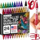ARTISTRO Dual Tip Acrylic Paint Markers - Easy for All Ages & Levels Acrylic Paint Pens for Fabric, Rocks, Paper, Wood, Canvas, Glass, DIY (Dual Tip Metallic, 24)