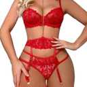 Lilosy Sexy Chain Floral Lace Underwire Push Up Garter Belt Chocker Lingerie Set (Small, Red 2#)