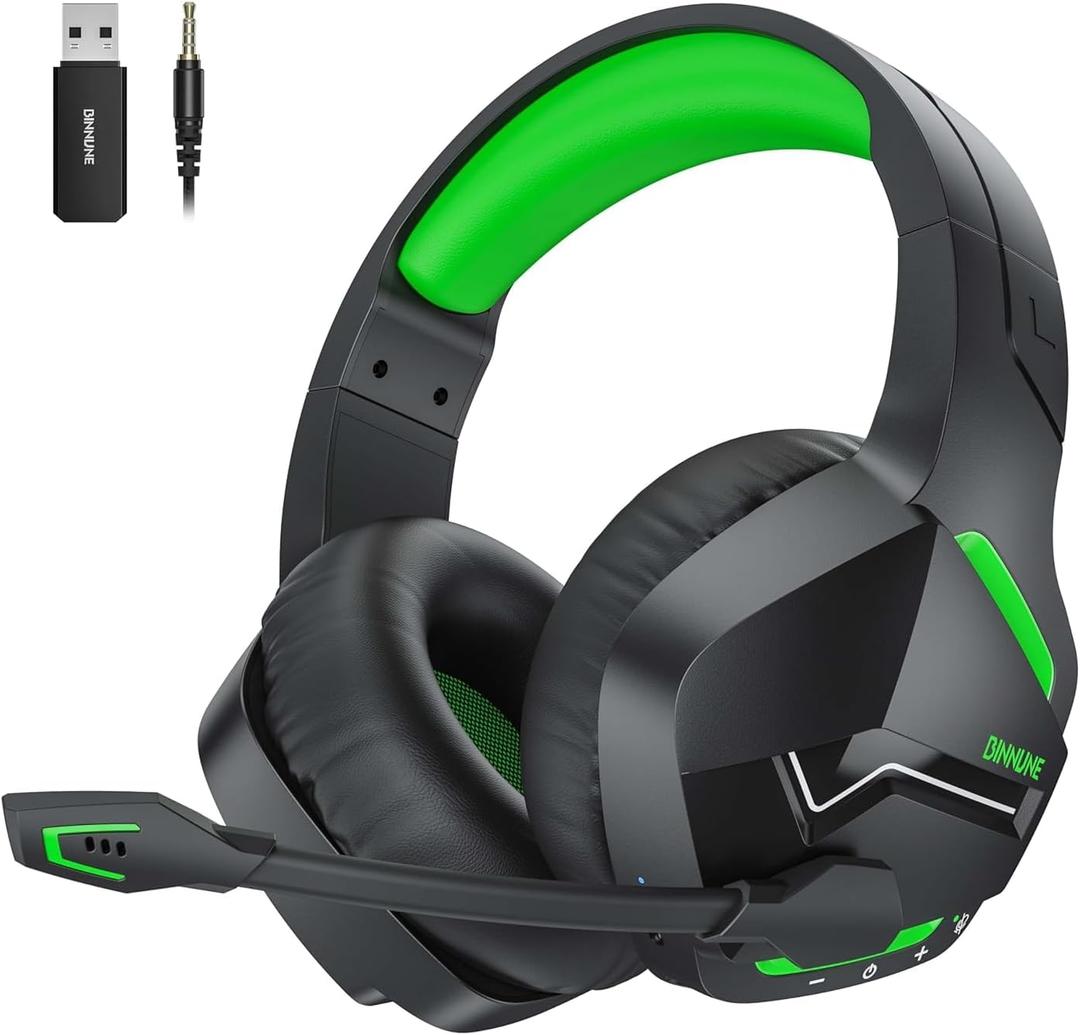 BINNUNE 2.4GHz Wireless Gaming Headset, Bluetooth 5.3 Gaming Headphones with Noise Canceling Mic, 120H Ultra-Long Battery, 50mm Drivers, Multi-Platform for PC / PS5 /PS4/ Switch/Mobile, Green