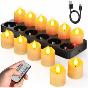 SoulBay Flameless Candles with Remote Timer & Charging Base, 12pcs USB Rechargeable Battery Flickering LED Small Votives Lights for Table Dinner Weddings Holidays General Decor, No Battery Required
