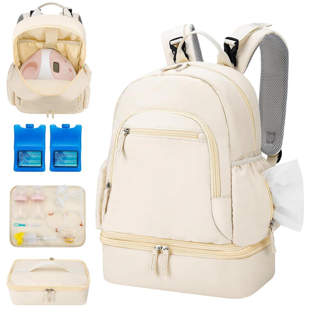 GDNasist Breast Pump Backpack Fit for Spectra S1 and S2 with Removable Cooler Compartment, Pumping Bag for Pump Accessories, Breast Pump Bag for Work, Travel and Family Use Beige