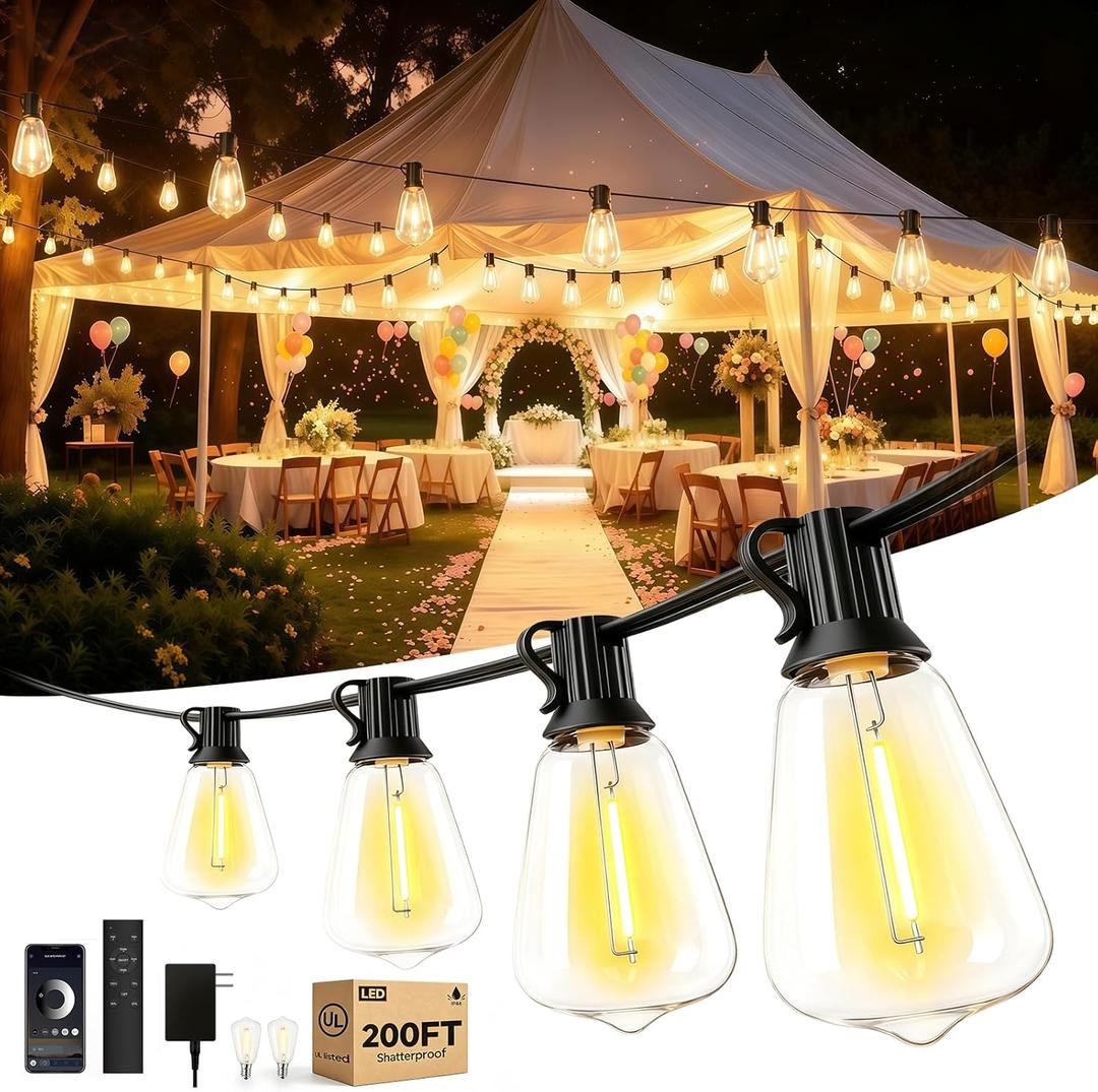 oneup Outdoor String Lights 200FT LED Patio Lights with Remote & APP,Dimmable 2700K Warm White,ST38 Bulbs Shatterproof & Weatherproof IP44,Heavy Duty Bistro Lights for Backyard,Patio,Gazebo,Pergola