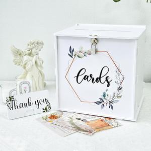 Our Warm White Wedding Card Box with Lock, PVC Gift Card Box for Wedding Reception, Eucalyptus DIY Wedding Envelope Money Card Box for Party, Graduation, Birthday Baby Shower Decorations