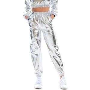 SIAEAMRG Womens Shiny Metallic High Waist Stretchy Jogger Pants, Wet Look Hip Hop Club Wear Holographic Trousers Sweatpant (Silver, S)