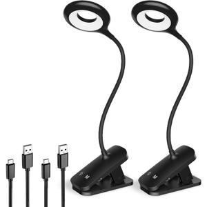 2 Pack Clip on Reading Light for Bed Headboard, Battery Rechargeable Large Clamp Bed Lamp - 5 Colors 5 Brightness, Flexible Arm Book Light at Night for Kids Bunk Desk Metal Bed Frame