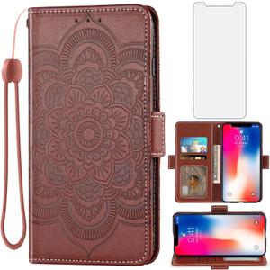 Asuwish Compatible with iPhone Xs X 10 10s Wallet Case and Tempered Glass Screen Protector Flip Card Holder Slot Cell Phone Cover for iPhoneX iPhoneXs iPhone10 i PhoneX SX 10x 10xs Xs Women Men Brown
