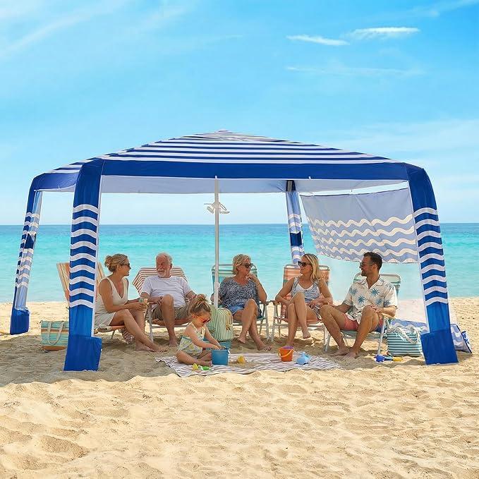 Beach Cabana,8 x 8 ft Large Pop Up Beach Canopy Tent for 6-8 People, UPF 50+ Beach Tent Sun Shelter with Sidewall, Wind Resistant Beach Shade, Reinforced Frame, Portable with Carry Bag