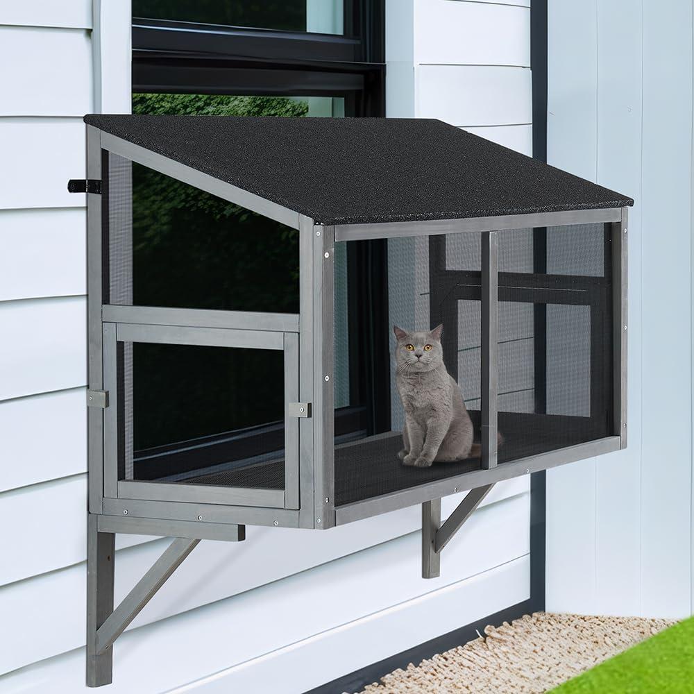 beeNbkks Bug Proof Cat Catio, Window Cat House with Metal Mesh, Outdoor Enclosure for Indoor Pets, Expandable Wooden Perch, Safe Comfortable Haven for Pets, Keep Bugs Insects Out