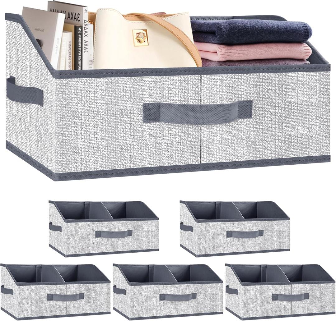 Closet Storage Bins 6 Pack, Large Closet Organizer Baskets with Divider & Handles,Trapezoid Fabric Shelf Organizers, Collapsible Storage Cubes for Clothes, Towels, Toys-Gray