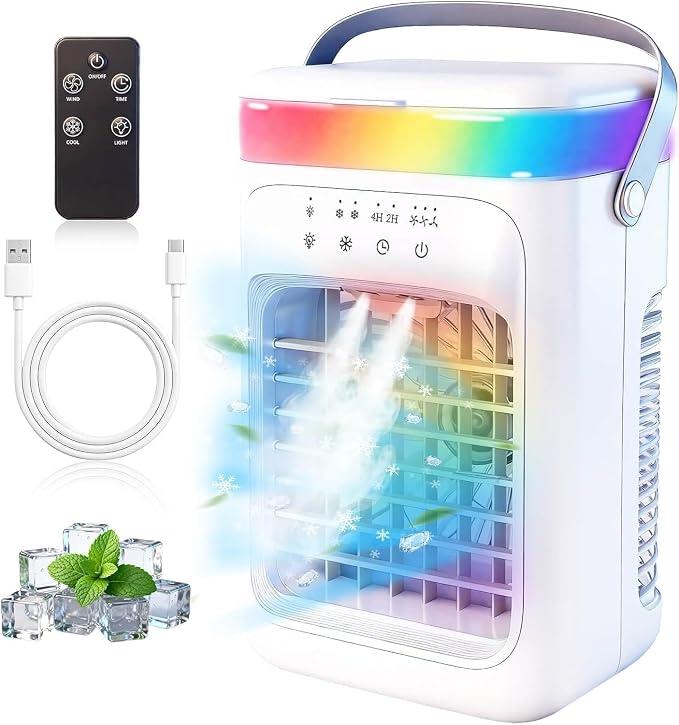 Portable Air Conditioners, 3-in-1 Personal Air Conditioner Fan with 1000ML Water Tank, 4 Speeds, 2 Mist Modes, 2/4/6H Timer, RGB Light, USB Mini Evaporative Air Cooler for Bedroom Office Desk Camping