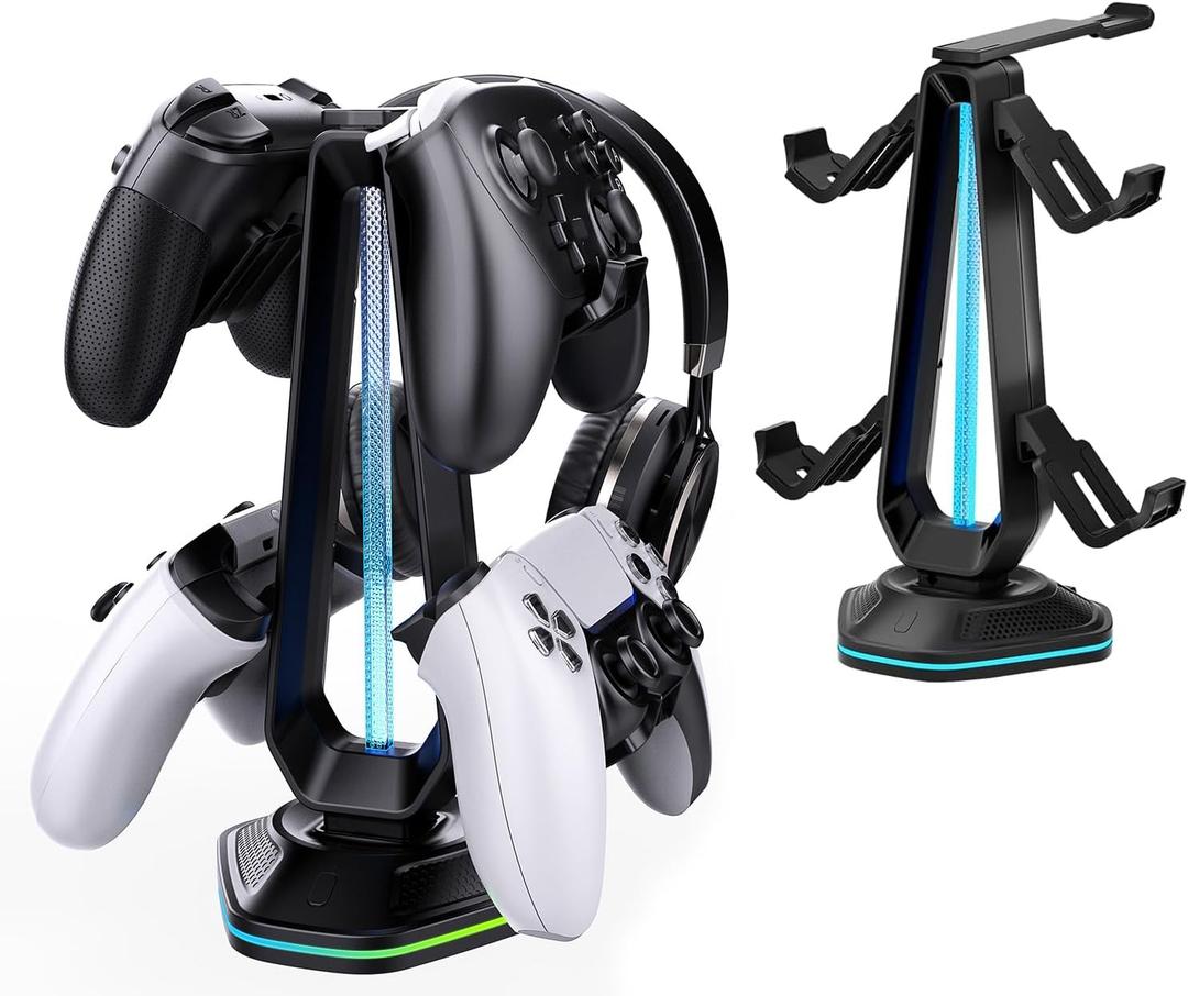 RGB Headset Stand with 9 Light Modes and 2 USB Charging Ports - Controller Holder for Desk - Headphone Stand & Detachable Controller Hook for PC Earphone Gaming Room Setup Accessories (Black)
